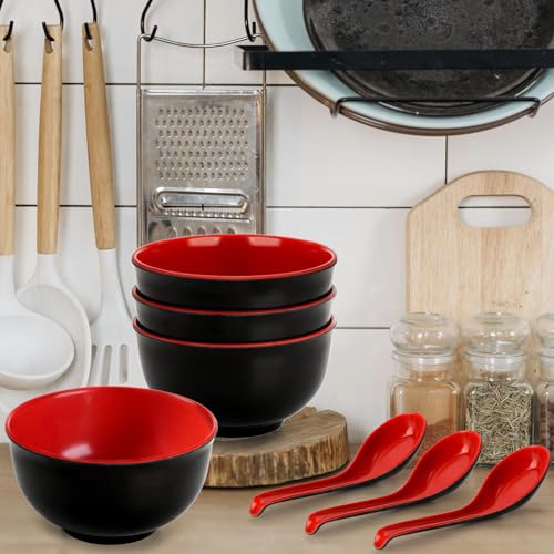 LOSYHU 10 Pack Miso Soup Bowl with Spoon, 16 Oz Japanese Melamine Noodle Bowls Unbreakable Miso Soup Cereal Bowls or Ramen, Udon, Soba, Pho and Soup, (Black/Red) - Image 5