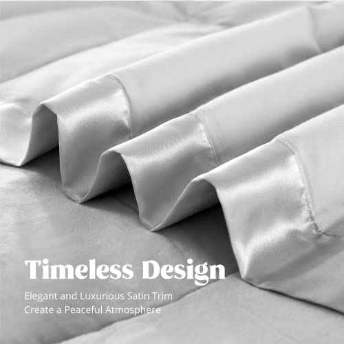 puredown بطانيات بيد داون® بحجم كوين - بطانية دافئة خفيفة الوزن لجميع الفصول، بطانية سرير فاخرة دافئة مع حواف ساتان، غلاف قطن، رمادي فاتح (90"X90") - Image 4