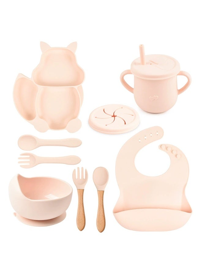 8 Pcs Baby Feeding Set, Food-grade Silicone Baby Tableware Set, Squirrel Baby Cutlery and Plates Set, Non-Slip Infant Dinnerware Set, Baby Self Feeding Utensils