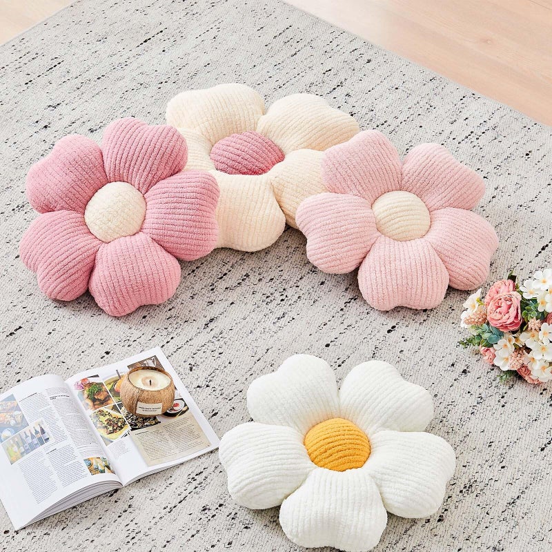 Kcvvcr Flower Throw Pillow, Cute Flower Shaped Pillow Decorative Throw Pillow for Bed Couch, Soft Daisy Pillows Floor Seating Cushion Cushions (14.9 Inch Ivory+Pink) - Image 5
