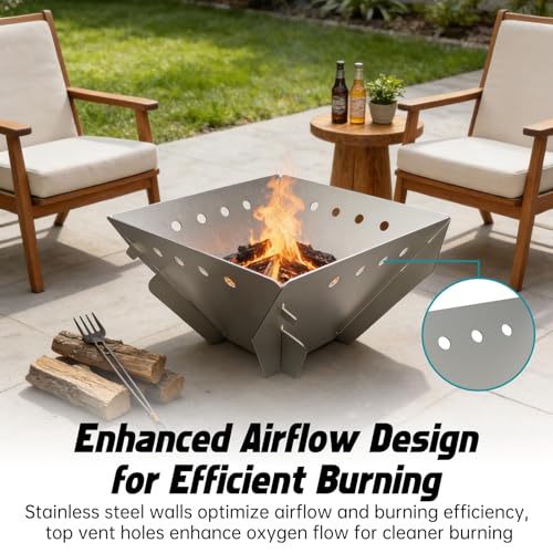 CROSSHIP Stainless Steel Fire Pit for Camping, Collapsible Fire Pit for Outdoor Use, 2-4 Person Portable Firepit, Tool-Free Assembly, Patio, Bonfire, Picnic and BBQ with Grill Net & Canvas Storage Bag - Image 4