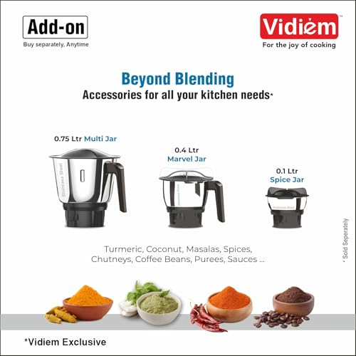 Vidiem Vita Spice 500 W Personal Blender/Mixer/Grinder/Smoothie Maker | 22000 RPM Aria CoolTec Motor | 3 Jars (500 ml + 250 ml jar & 300 ml SS Chutney Jar) | 3 Year Motor Warranty | Beyond Blending - Image 3