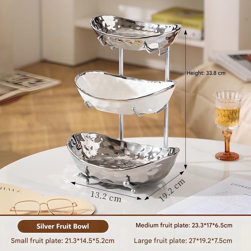 XUDREZ 3 Tier Fruit Bowl with Metal Stand for Kitchen Counter, Ceramic White Gold Silver, Tiered Fruit Basket for Nuts, Snacks, Bread, Candy Storage (Silver) - Image 2