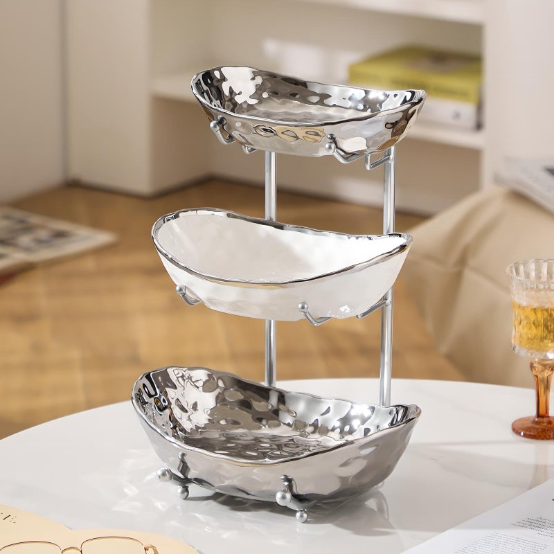 XUDREZ 3 Tier Fruit Bowl with Metal Stand for Kitchen Counter, Ceramic White Gold Silver, Tiered Fruit Basket for Nuts, Snacks, Bread, Candy Storage (Silver) - Image 3