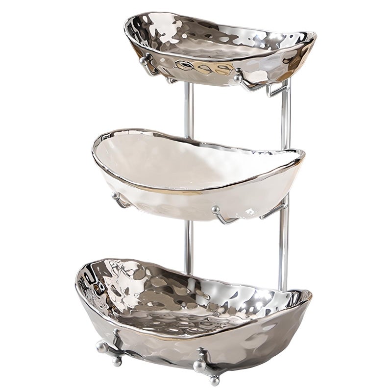XUDREZ 3 Tier Fruit Bowl with Metal Stand for Kitchen Counter, Ceramic White Gold Silver, Tiered Fruit Basket for Nuts, Snacks, Bread, Candy Storage (Silver) - Image 1