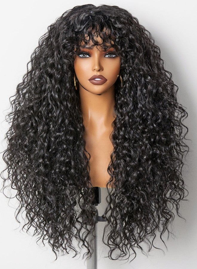 GORGIUS Veralux Blend Shaggy Haircuts Natural Black 26 Inch Curly Wig with Bangs Crafted with Style-Archive Technology: Premium Fiber & Remy Human Hair Blended, Realistic Look with True Scalp - Image 1