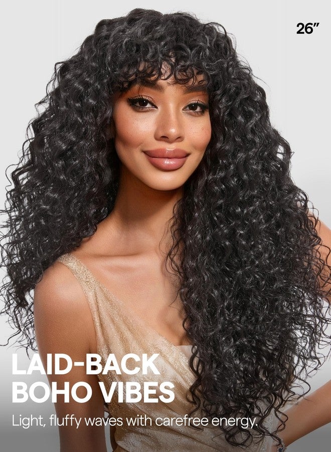 GORGIUS Veralux Blend Shaggy Haircuts Natural Black 26 Inch Curly Wig with Bangs Crafted with Style-Archive Technology: Premium Fiber & Remy Human Hair Blended, Realistic Look with True Scalp - Image 2