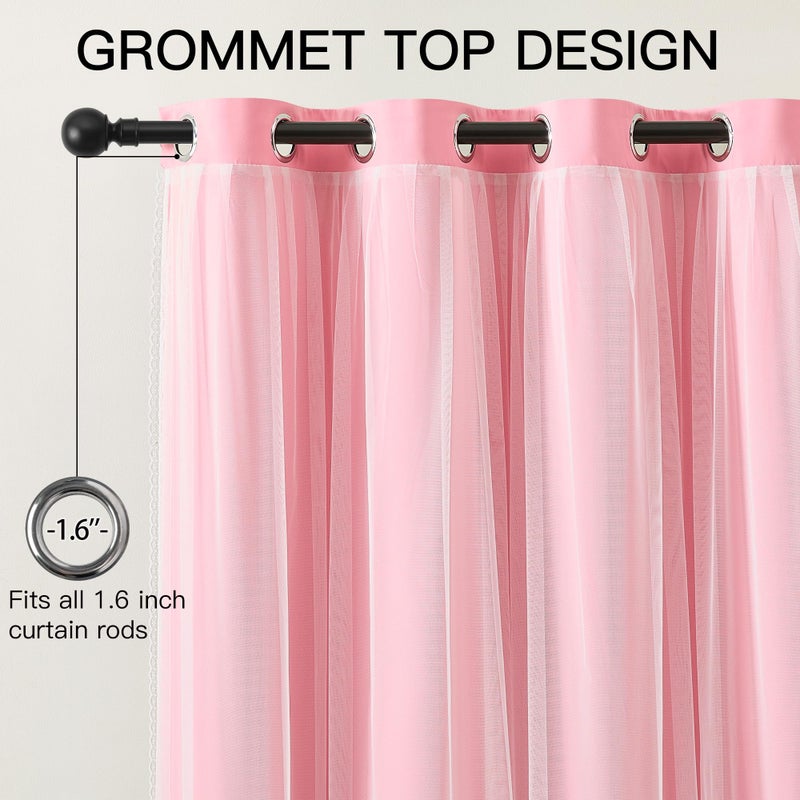 XiDi Pink Blackout Curtains for Girls Bedroom Living Room 63 Inches Long 2 Panels Thermal Insulated Double Layer Curtains with Sheer Overlay Lace Hem for Nursery Kids Princess Grommet Drapes 34Wx63L - Image 5