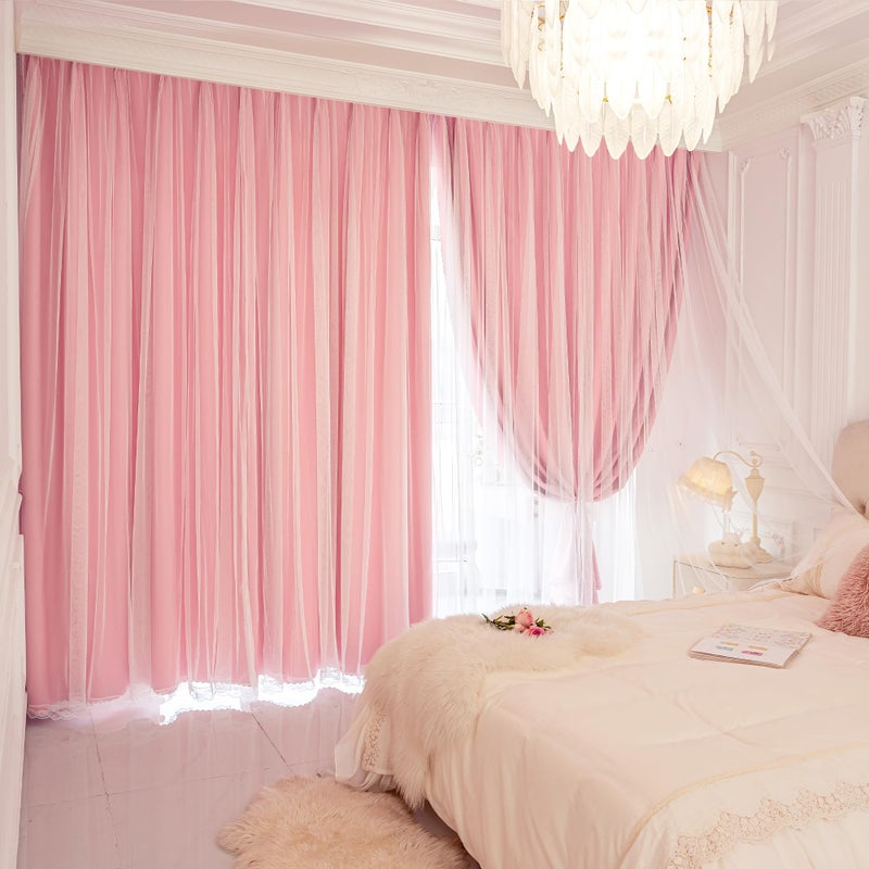 XiDi Pink Blackout Curtains for Girls Bedroom Living Room 63 Inches Long 2 Panels Thermal Insulated Double Layer Curtains with Sheer Overlay Lace Hem for Nursery Kids Princess Grommet Drapes 34Wx63L - Image 1