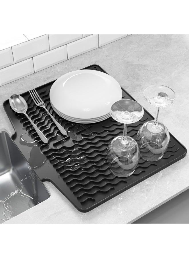 Soofam Dish Drying Pad, Silicone Dish Drying Mat with Drain Lip, Sink Drying Mat Quick Dry & Self-draining Dish Drainer Mat Dish Drain Board, Easy to Clean Tray, Prevents Water Build Up, 15.8'' x 13'', Black - Image 1