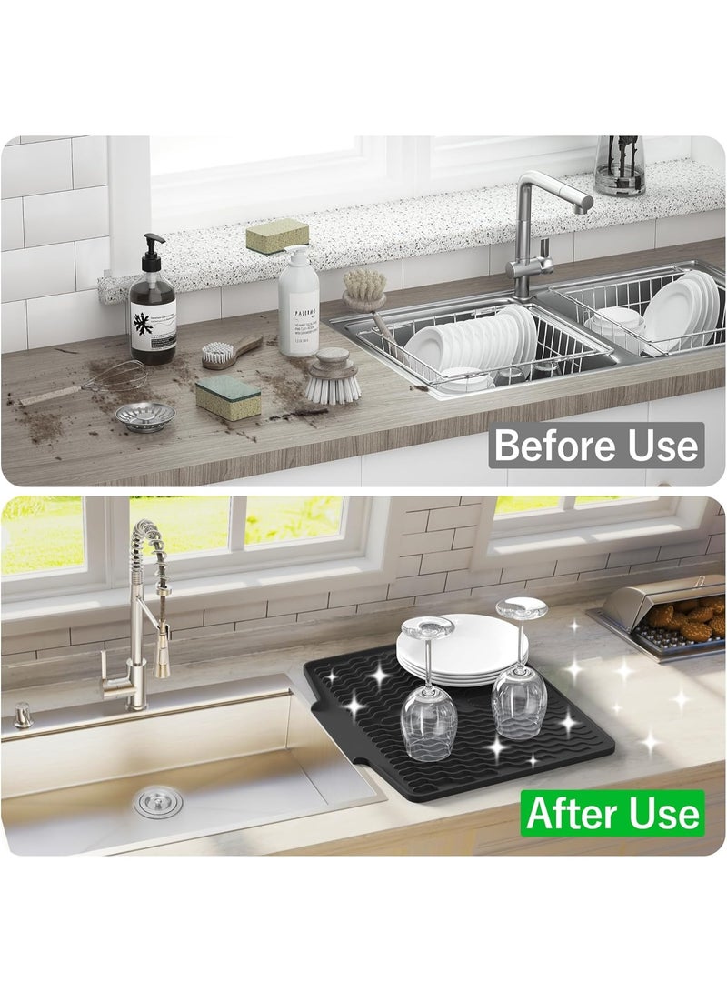 Soofam Dish Drying Pad, Silicone Dish Drying Mat with Drain Lip, Sink Drying Mat Quick Dry & Self-draining Dish Drainer Mat Dish Drain Board, Easy to Clean Tray, Prevents Water Build Up, 15.8'' x 13'', Black - Image 5