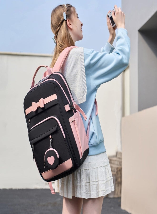 KIDNUO Backpacks for Girls with Pouch Pocket,Cute Pink Bowknot Student Bookbag Fits 17 Inch Laptop Kids Backpack Teacher Bags,Back to School Bag Purse for Teenage,Casual Daypack for Middle School Black Pink - Image 2