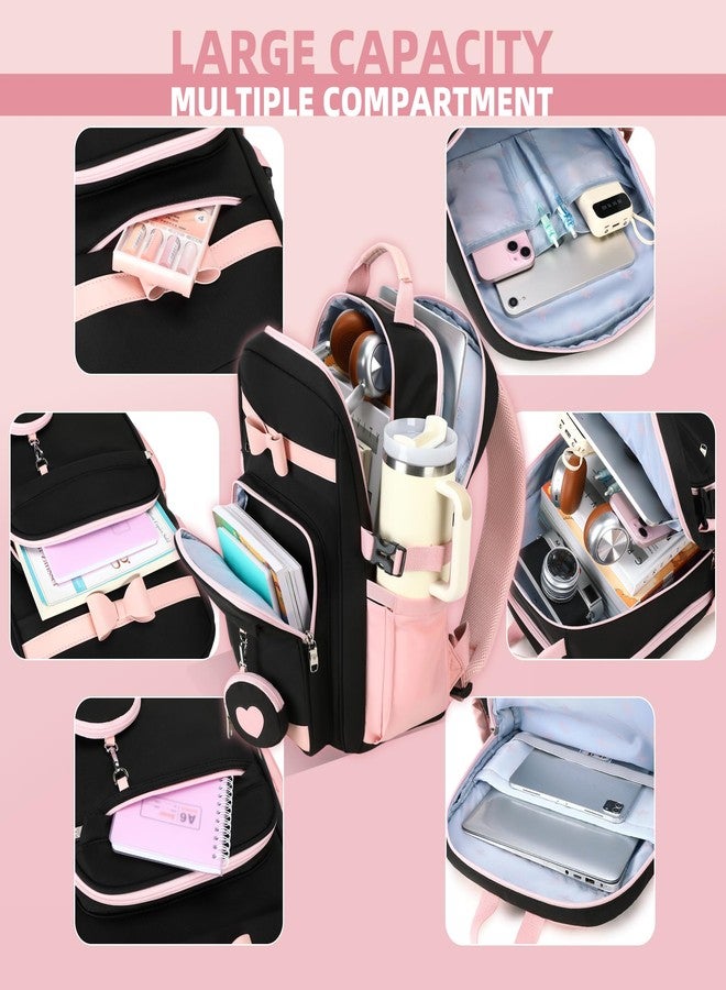 KIDNUO Backpacks for Girls with Pouch Pocket,Cute Pink Bowknot Student Bookbag Fits 17 Inch Laptop Kids Backpack Teacher Bags,Back to School Bag Purse for Teenage,Casual Daypack for Middle School Black Pink - Image 4