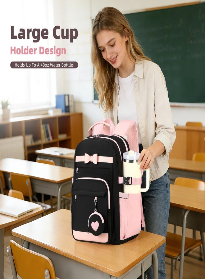 KIDNUO Backpacks for Girls with Pouch Pocket,Cute Pink Bowknot Student Bookbag Fits 17 Inch Laptop Kids Backpack Teacher Bags,Back to School Bag Purse for Teenage,Casual Daypack for Middle School Black Pink - Image 3