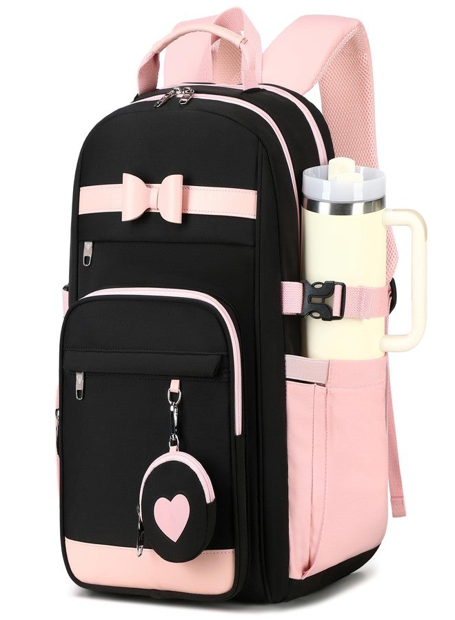 KIDNUO Backpacks for Girls with Pouch Pocket,Cute Pink Bowknot Student Bookbag Fits 17 Inch Laptop Kids Backpack Teacher Bags,Back to School Bag Purse for Teenage,Casual Daypack for Middle School Black Pink - Image 1