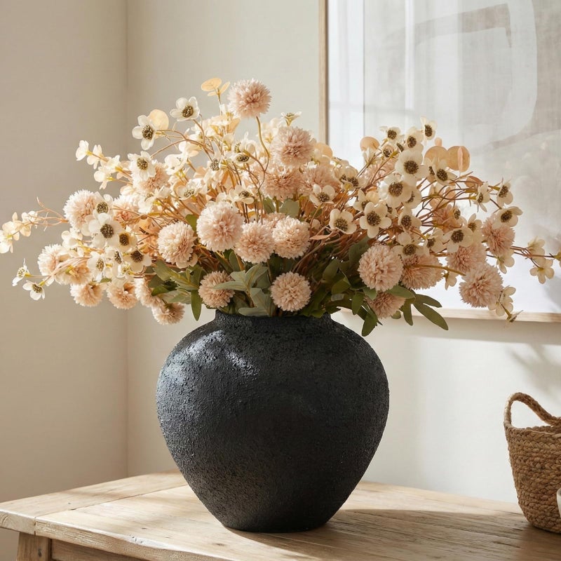 RyddeligHome Beige Silk Flower Arrangements Home Decor, Large Floral Centerpieces For Tables, 22 Long Stems Fake Mums + Eucalyptus + Wild Flowers in Bulk, Artificial Flowers Coffee Dining Table, Faux Mums Flowers - Image 1