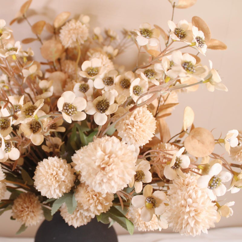 RyddeligHome Beige Silk Flower Arrangements Home Decor, Large Floral Centerpieces For Tables, 22 Long Stems Fake Mums + Eucalyptus + Wild Flowers in Bulk, Artificial Flowers Coffee Dining Table, Faux Mums Flowers - Image 3