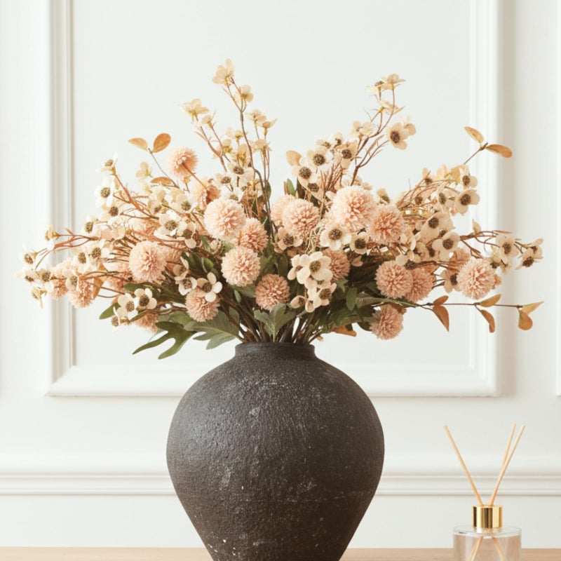 RyddeligHome Beige Silk Flower Arrangements Home Decor, Large Floral Centerpieces For Tables, 22 Long Stems Fake Mums + Eucalyptus + Wild Flowers in Bulk, Artificial Flowers Coffee Dining Table, Faux Mums Flowers - Image 5