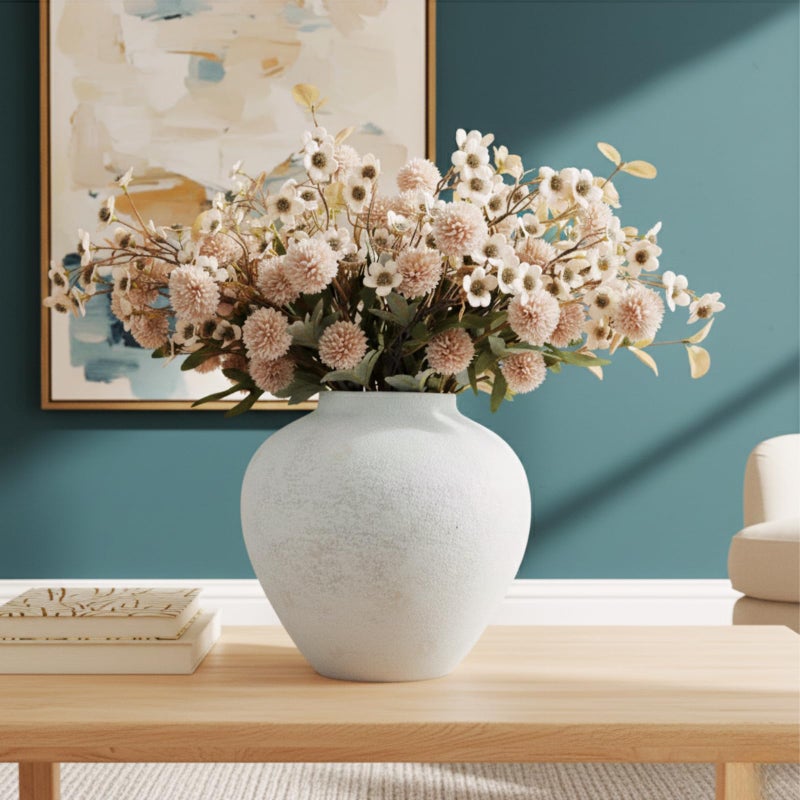 RyddeligHome Beige Silk Flower Arrangements Home Decor, Large Floral Centerpieces For Tables, 22 Long Stems Fake Mums + Eucalyptus + Wild Flowers in Bulk, Artificial Flowers Coffee Dining Table, Faux Mums Flowers - Image 2