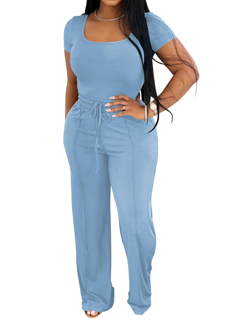 PINSV Women's 2 Piece Outfits Lounge Short Sleeve Tops High Waisted Wide Leg Pants Tracksuit Sets Light Blue L - Image 4