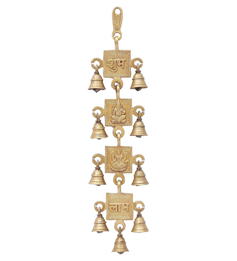 Two Moustaches Brass Shubh Labh with Laxmi Ganesha Hanging Bells Hanging Bells for Home Decor Wall Decor Ghanti for Pooja Pack of 1 - Image 2