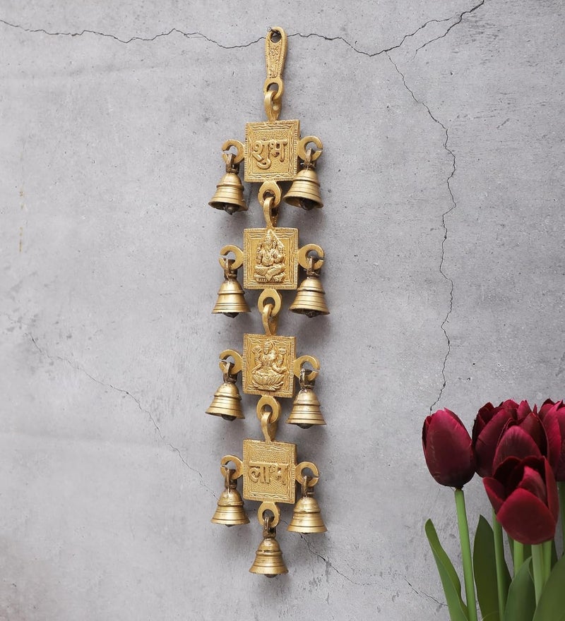 Two Moustaches Brass Shubh Labh with Laxmi Ganesha Hanging Bells Hanging Bells for Home Decor Wall Decor Ghanti for Pooja Pack of 1 - Image 3