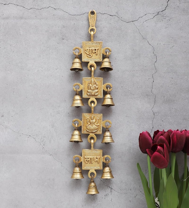 Two Moustaches Brass Shubh Labh with Laxmi Ganesha Hanging Bells Hanging Bells for Home Decor Wall Decor Ghanti for Pooja Pack of 1 - Image 1
