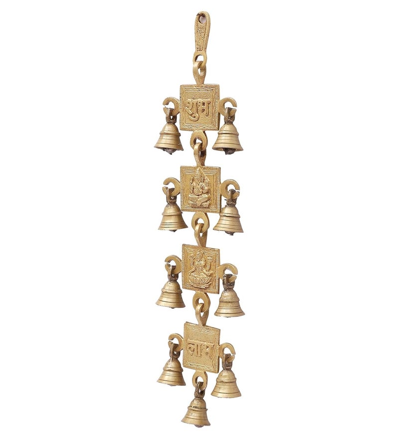 Two Moustaches Brass Shubh Labh with Laxmi Ganesha Hanging Bells Hanging Bells for Home Decor Wall Decor Ghanti for Pooja Pack of 1 - Image 4