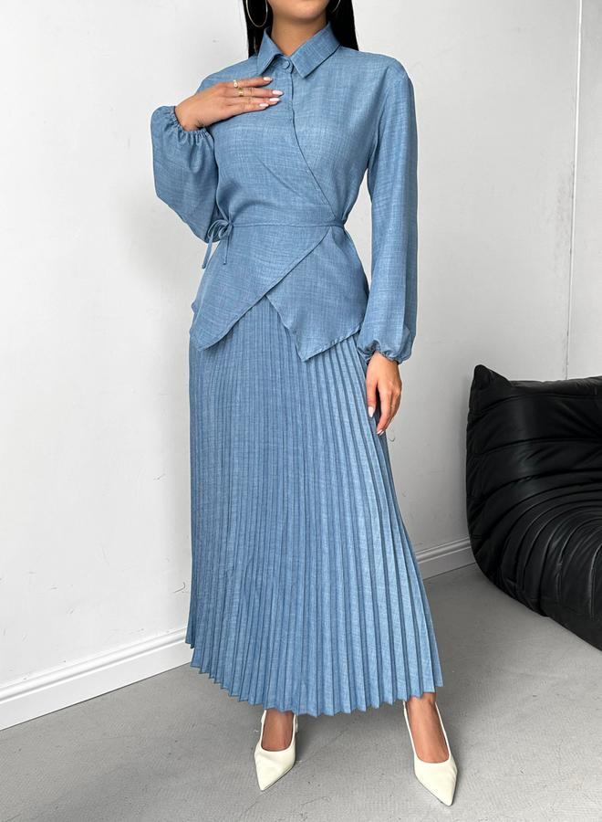 تايك تو طقم توب ملفوف سادة مع تنورة بكسرات - Image 3