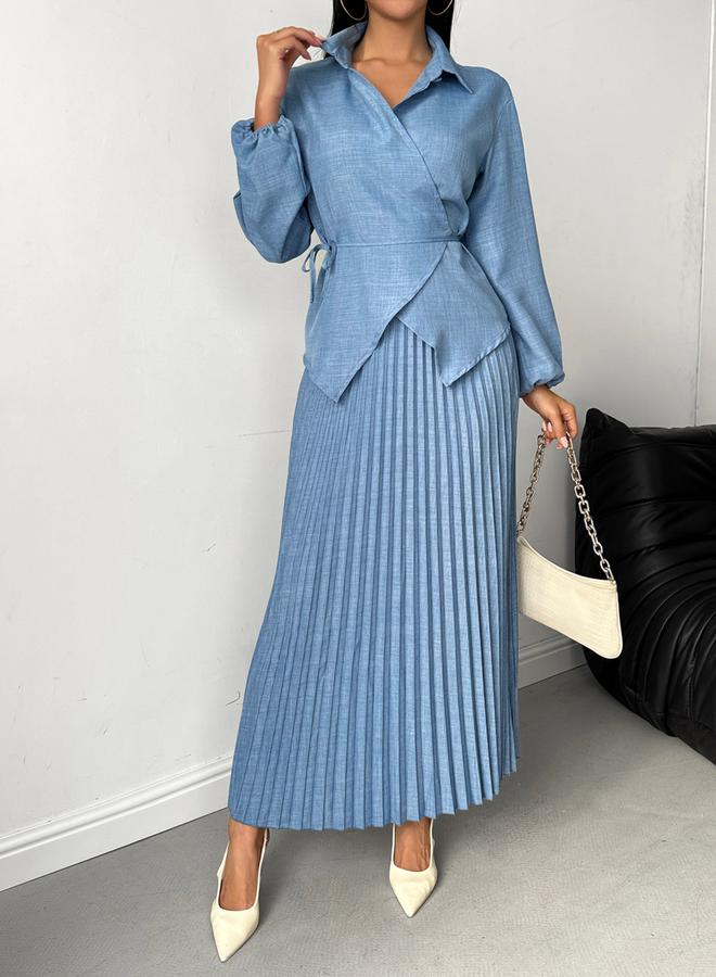 تايك تو طقم توب ملفوف سادة مع تنورة بكسرات - Image 4