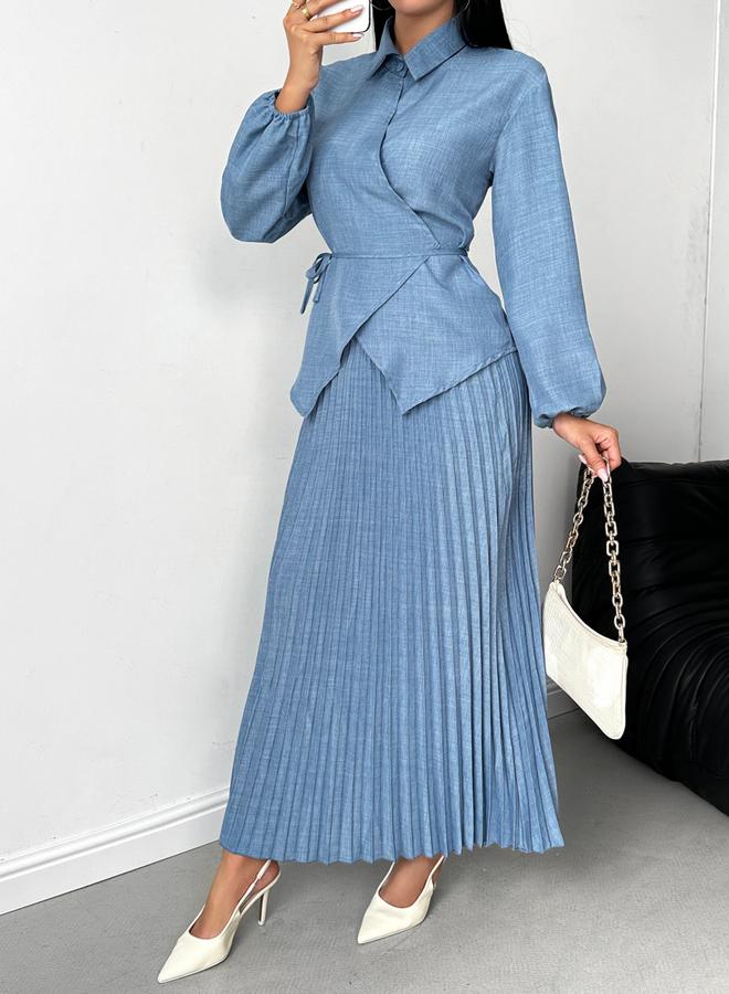 تايك تو طقم توب ملفوف سادة مع تنورة بكسرات - Image 2