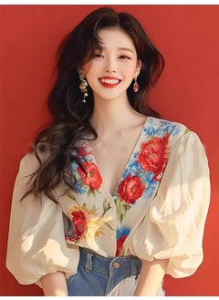 2024 Summer New Womens Shirt Lovely Floral Pattern Loose Fit Bubble Sleeve Top Shirt With Button Fashionable Chinese Style Picture color