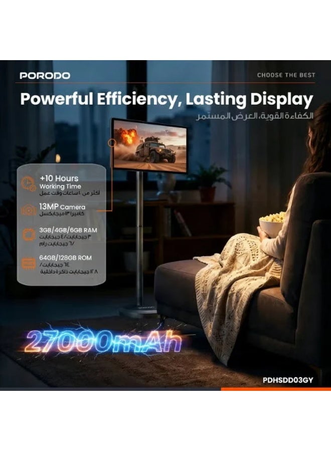 porodo Surf 21.5" Smart Monitor Portable on Wheels, 1080P Touchscreen Display with Android 15, 27000mAh Battery, Rotating Screen, Built-in Camera & Speakers, Wireless Monitor for Work & Entertainment - Image 4