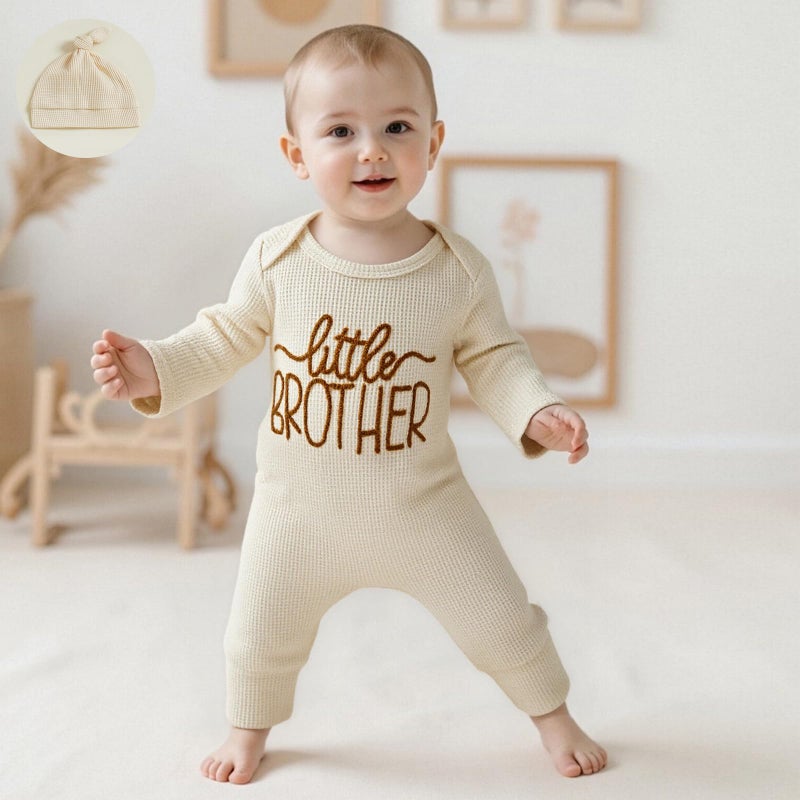 allshope Newborn Baby Boy Fall Outfit Romper Little Brother Lil Bro Long Sleeve Jumpsuit Bodysuit Infant Winter Waffle Clothes (Color Apricot, 0-3 Months) - Image 4