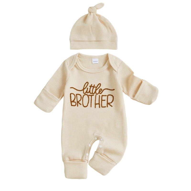 allshope Newborn Baby Boy Fall Outfit Romper Little Brother Lil Bro Long Sleeve Jumpsuit Bodysuit Infant Winter Waffle Clothes (Color Apricot, 0-3 Months) - Image 1