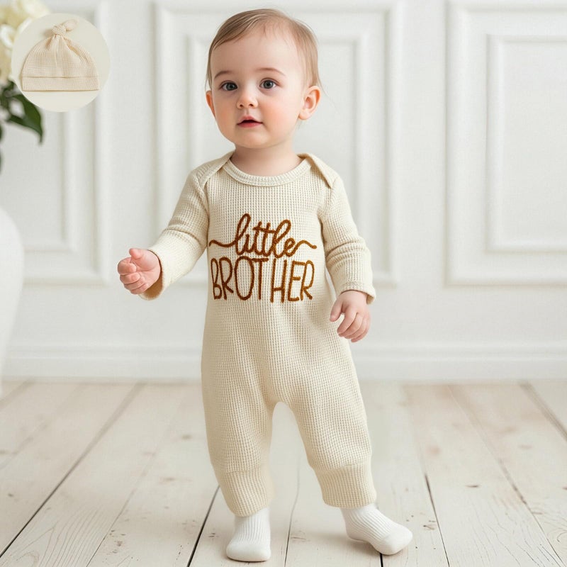 allshope Newborn Baby Boy Fall Outfit Romper Little Brother Lil Bro Long Sleeve Jumpsuit Bodysuit Infant Winter Waffle Clothes (Color Apricot, 0-3 Months) - Image 2