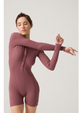Los Ojos x Melody Burgundy Ribbed Long Sleeve Short Jumpsuit Romper  - Image 4