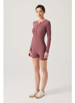 Los Ojos x Melody Burgundy Ribbed Long Sleeve Short Jumpsuit Romper  - Image 2