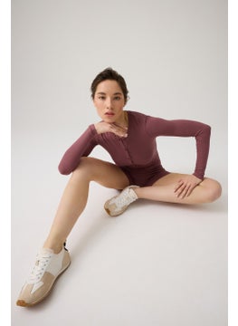 Los Ojos x Melody Burgundy Ribbed Long Sleeve Short Jumpsuit Romper  - Image 5