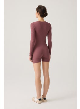 Los Ojos x Melody Burgundy Ribbed Long Sleeve Short Jumpsuit Romper  - Image 3