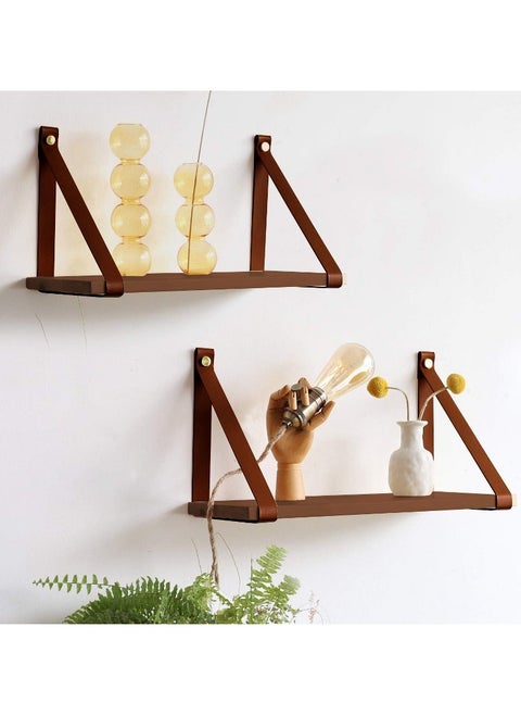 PU Brown Leather Strap Wall Floating Shelf  Brown