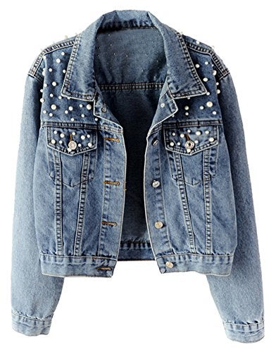 LifeShe Women's Embroidered Pearl Denim Jean Jacket Coat - Image 1