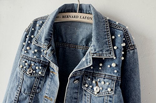 LifeShe Women's Embroidered Pearl Denim Jean Jacket Coat - Image 3