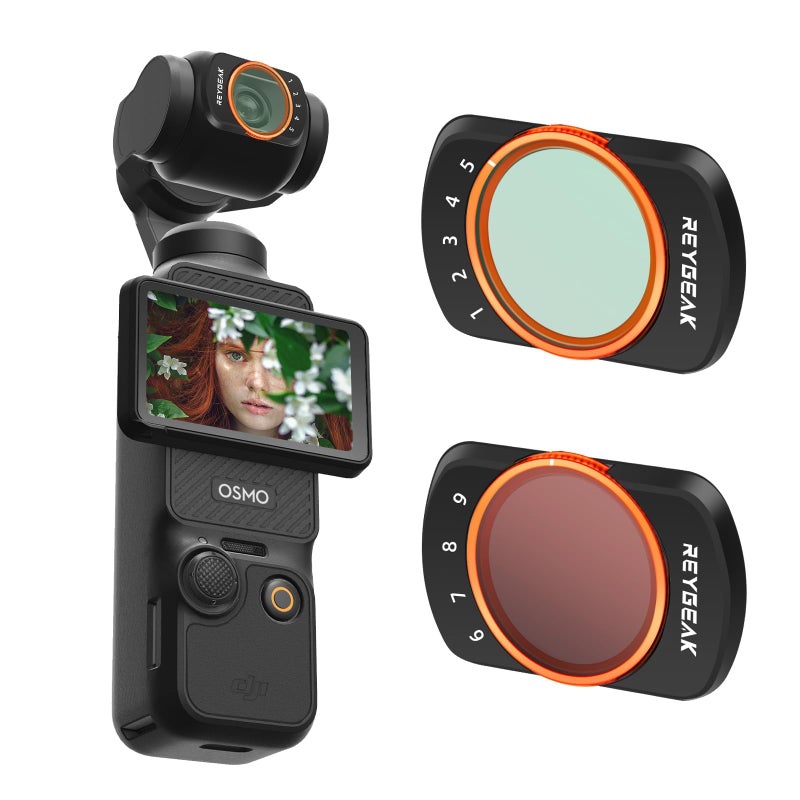 REYGEAK Pocket 3 Variable ND Lens Filters Kit VND 2-32 (1-5 Stop) and VND 64-512 (6-9 Stops) Compatible with DJI Osmo Pocket 3, Aluminum Alloy Frame - Image 1