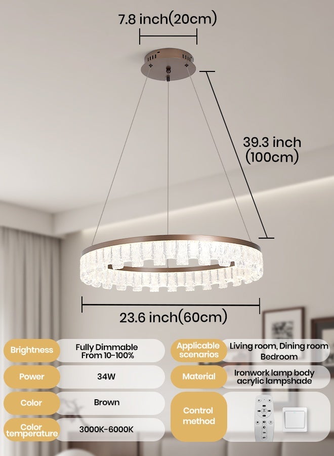 YATAI LIGHTING 60cm Modern Round LED Chandelier, 34W Dimmable Ceiling Light with Remote, Adjustable Height, 3-Color 3000K to 6000K Switch Control, Brown Minimalist Pendant for Bedroom, Dining and Living Areas - Image 2