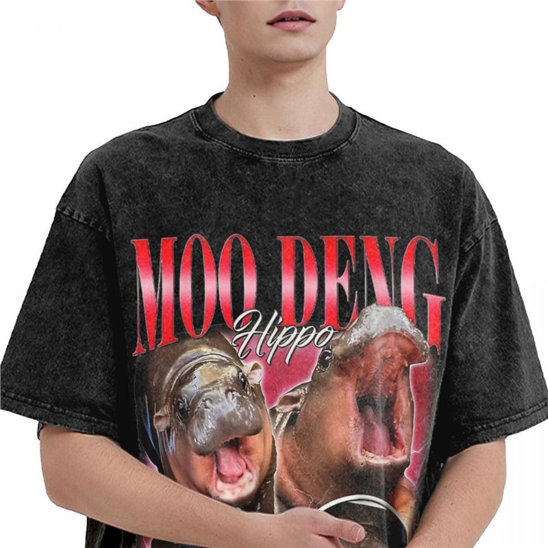 Man T Shirt Baby Pygmy Hippo Moodeng Washed T-Shirts Nding - Image 4