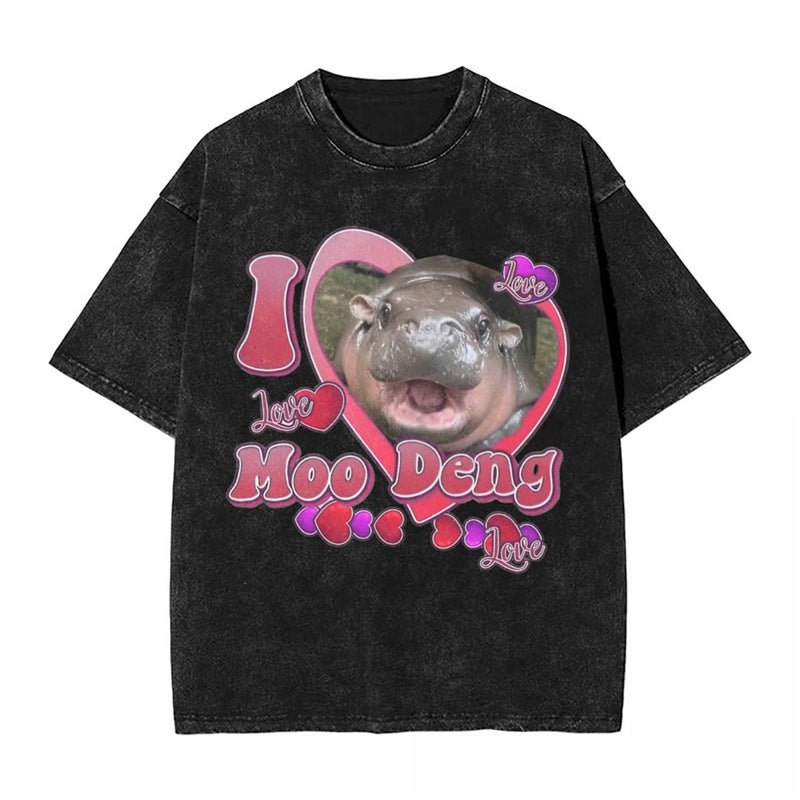 Man T Shirt Baby Pygmy Hippo Moodeng Washed T-Shirts Nding - Image 1