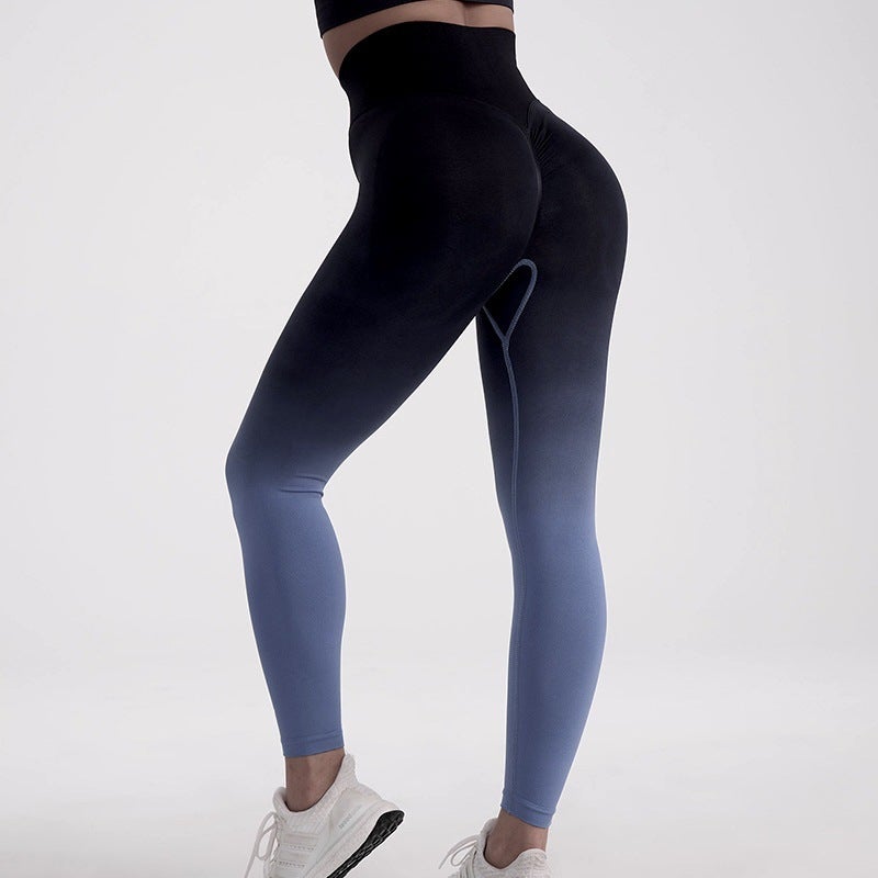 In Stock European and American hanging dyed gradient yoga trousers yoga clothes High waist hip lifting tights fitness pants womens outer wear Black gradient blue