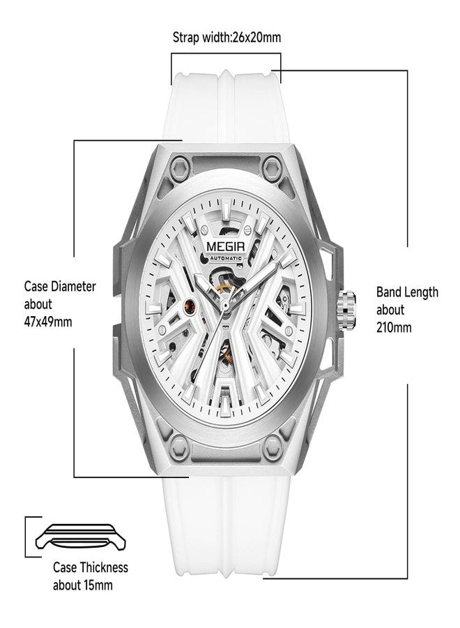 MEGIR Automatic Men's Wrist Watch, 316L Steel Case, Luminous Dial, 5ATM Water Resistant, Silicone Band, White - Image 2