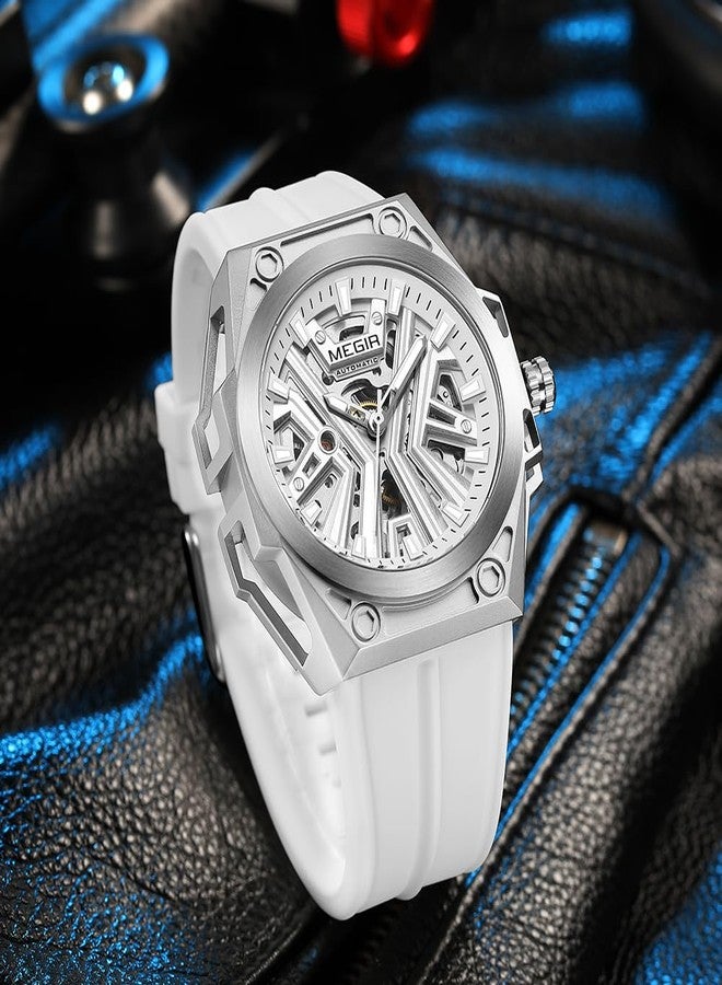MEGIR Automatic Men's Wrist Watch, 316L Steel Case, Luminous Dial, 5ATM Water Resistant, Silicone Band, White - Image 5